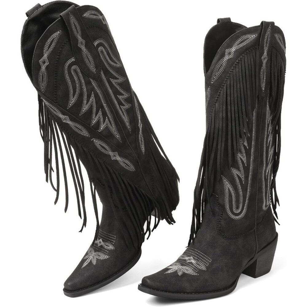 ⚡Women Black Faux Suede Pointed Toe Pull On Chunky Heel Calf Western Boots